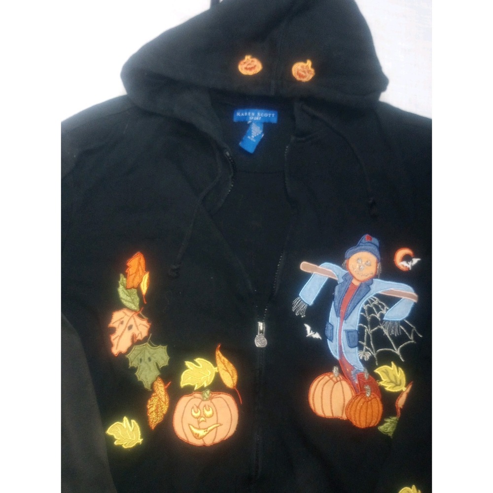 Karen Scott Scarecrow Embroidered Hooded‎ Zip Jacket Medium Halloween